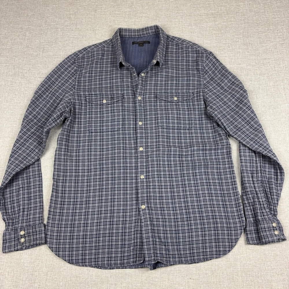John Varvatos Shirt Mens XL Blue Plaid Long Sleeve Snap Button Up Cotton Casual